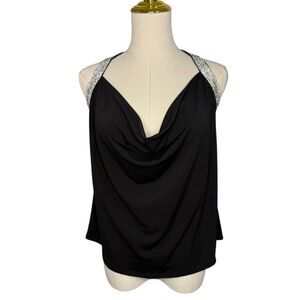 Cache Women’s Small Rhinestone Draped Halter Top Black Elegant Sexy Glam Y2K